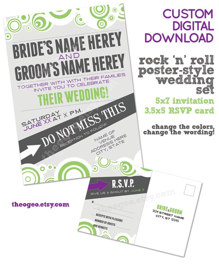 Rock and roll poster wedding invitation and RSVP card - custom digital download