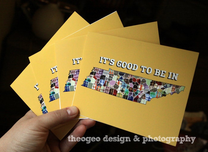 Set of 5 multicolored plaid folded note cards: "It's Good to be in Tennessee" - available in light blue and yellow