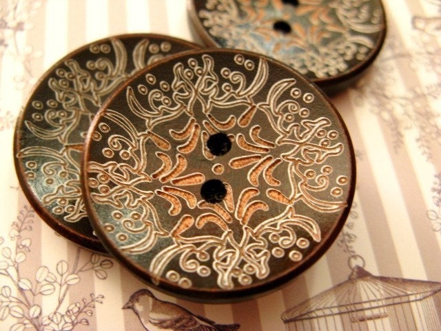 Brown Wood Buttons - 8  pieces of Japanese Style Brown Concave Wooden buttons with Khaki Floral pattern. 1.10 inch