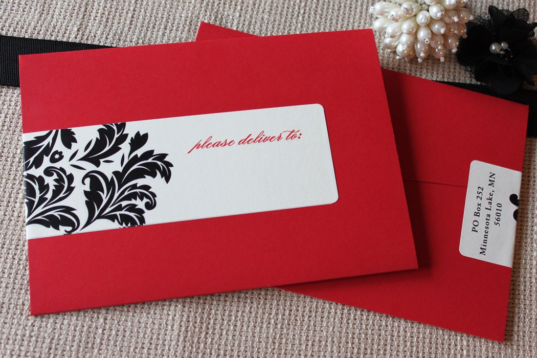 Damask Wedding Invitation Collection shown in black, red and ivory, FREE shipping