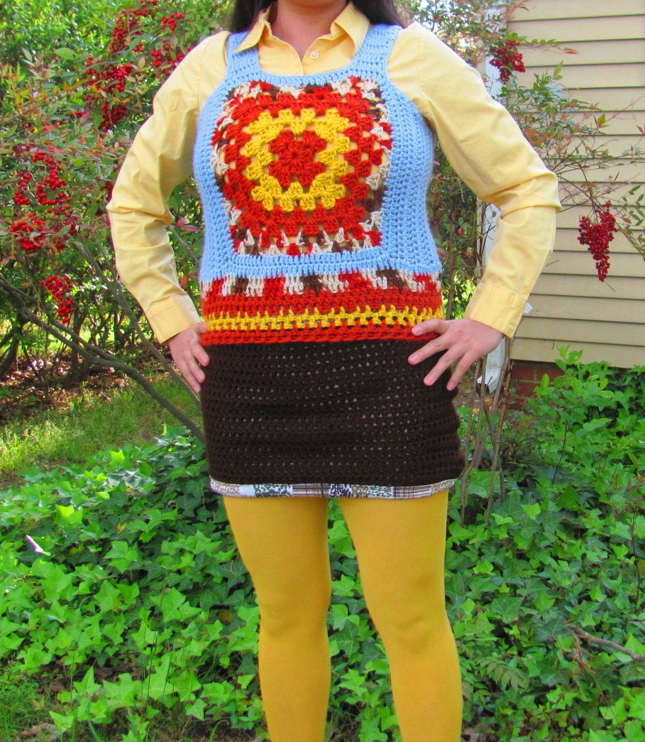 Handmade Crochet Blue Harvest Sweater Vest 60s Mod 70s Funky Psychedelic Granny Square Womens Small Petite Size S/XS