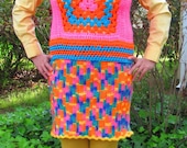 Handmade Crochet Super Easter Sweater Vest 60s Mod 70s Funky Psychedelic Granny Square Womens Small Petite Size S/XS