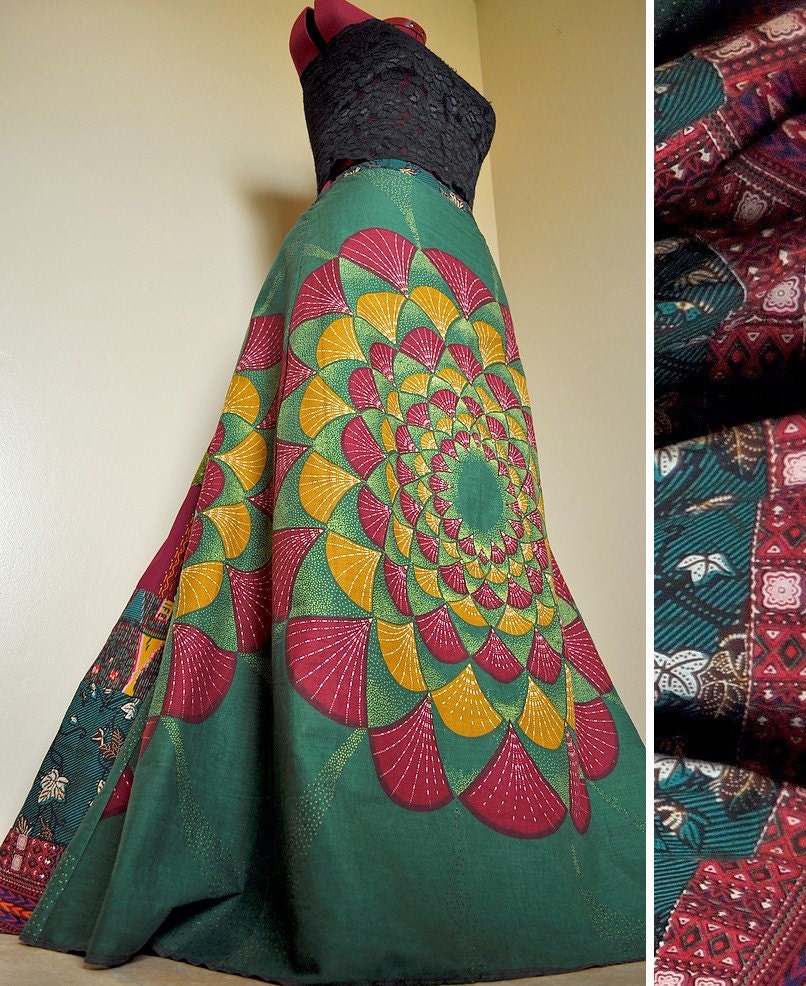 Green Grove Bloom - Long African Patchwork Skirt, Ethnic Dashiki Gypsy Skirt, Earthy Greens, Can fit sizes - S to XL