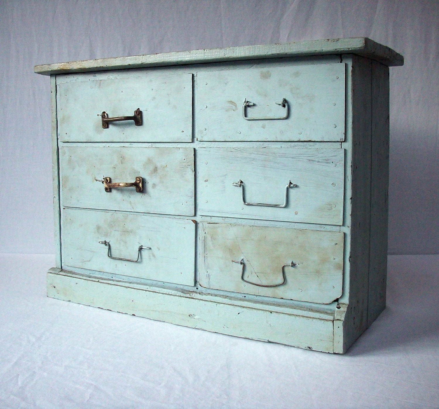 Vintage 6 Drawer Painted Wood Cabinet / Rustic Primitive Handmade / Industrial Storage