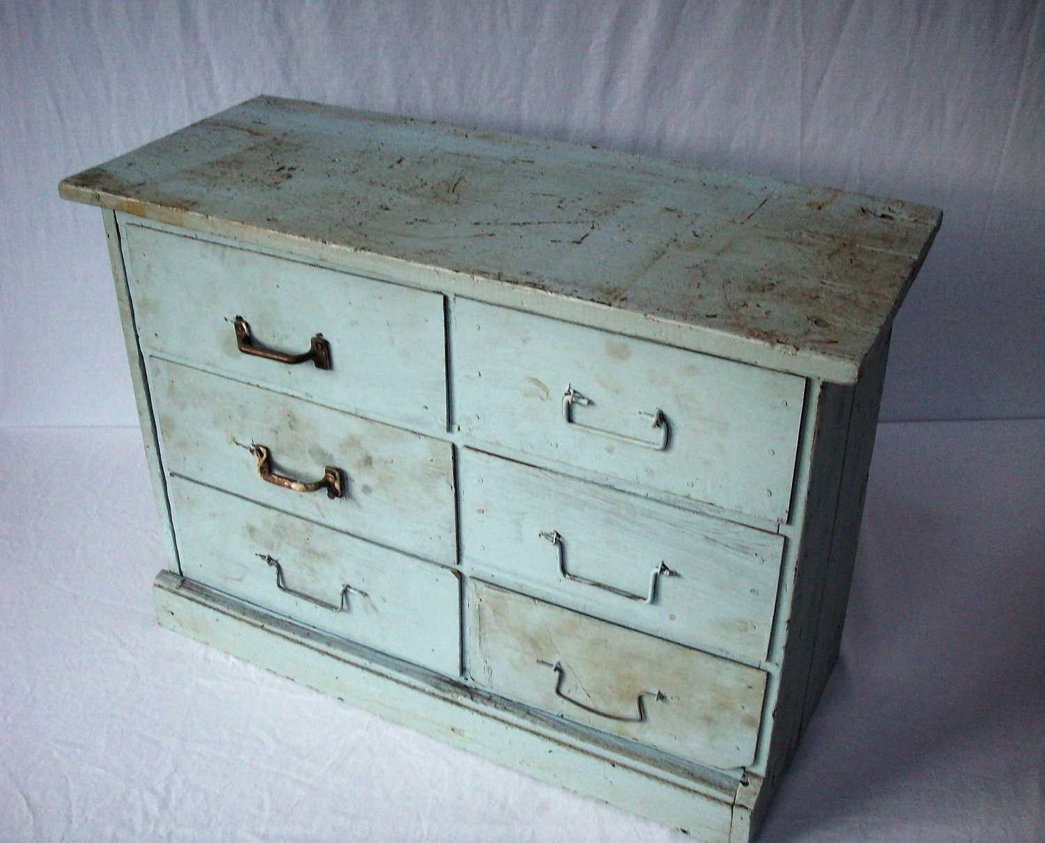 Vintage 6 Drawer Painted Wood Cabinet / Rustic Primitive Handmade / Industrial Storage