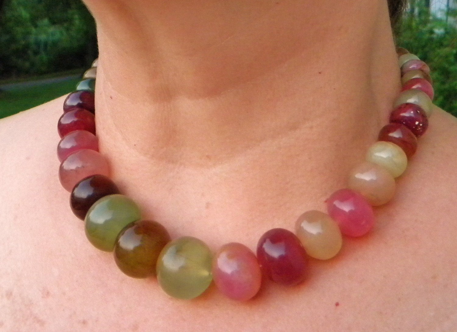 graduated autumnal jade necklace in juicy wine-country colors with sterling toggle clasp
