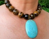 bold tiger's-eye necklace with turquoise pendant and sterling clasp