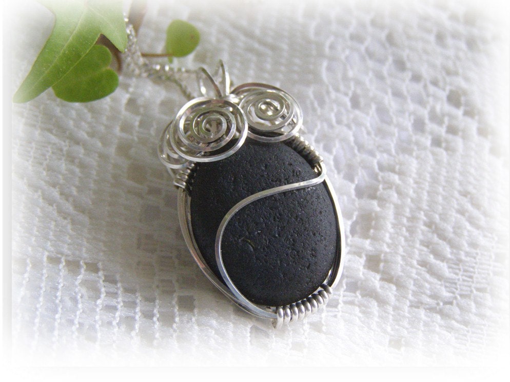 Black Beach Glass Pendant - Wire Wrapped Black Seaglass Pendant Rare Black Seaglass - Sterling Silver