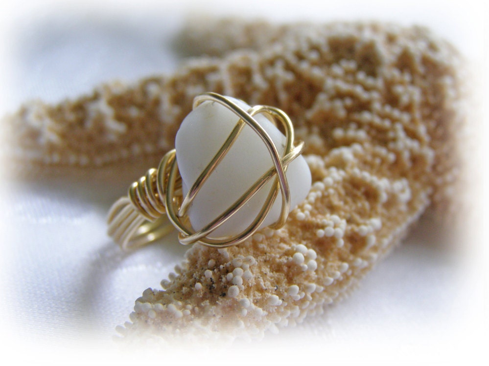 Beach Glass Seaglass Ring White Milk Glass Beach Glass Ring Size 8-1/2