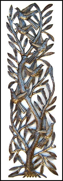 Birds in Tree Branch - Haitian Recycled Steel Drum Metal Wall Hanging - 8" x 34" -JJ619