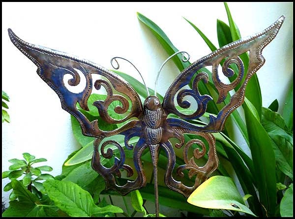 Metal Plant Stake - Butterfly Garden Plant Stick 12" x 14"- Steel Drum Art from Haiti - PS-1786