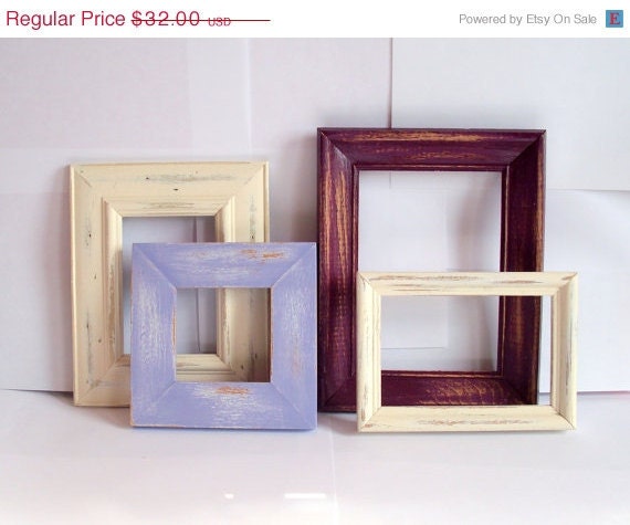 SALE - 20% off - Violleta Frame Quartet, lavender, aubergine, antique white, 4 wooden frames