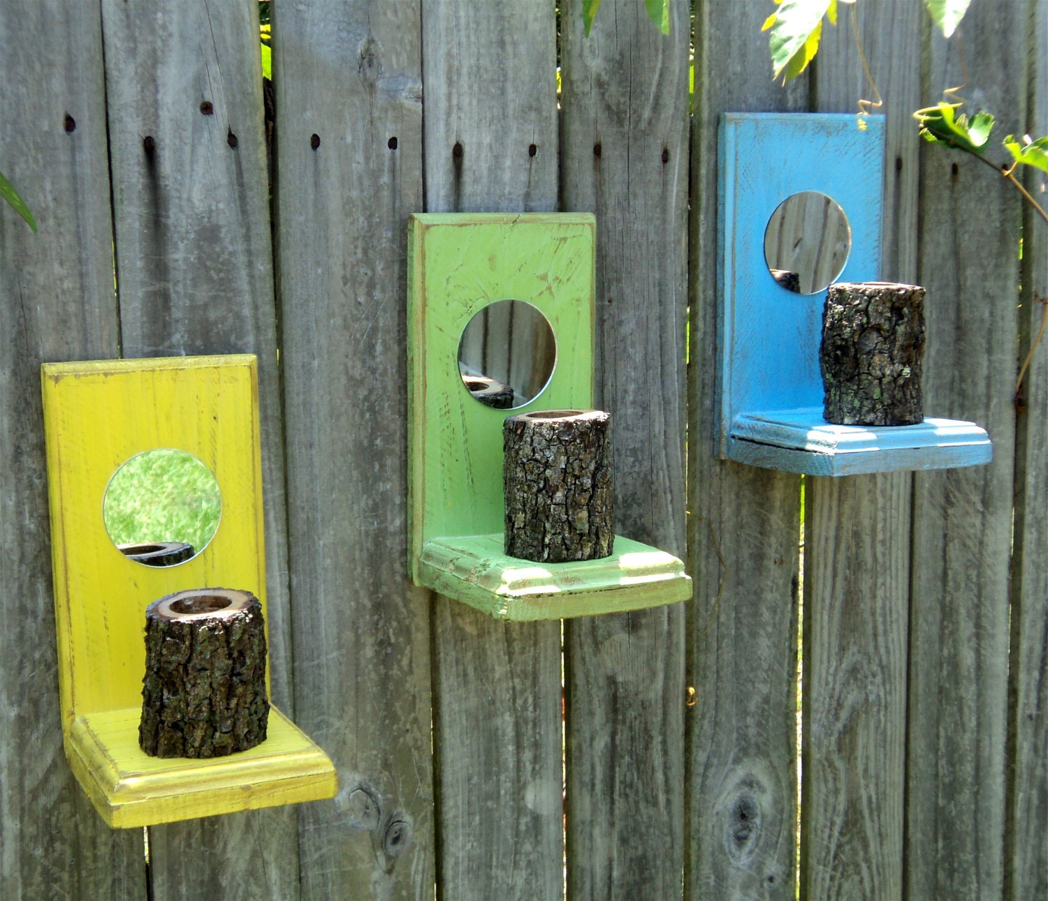Set Of 3 Rustic, Beach-y Mirrored Candle Holders, Up Cycled Weathered Wood And Tree Branches, Mix And Match Colors, MADE TO ORDER