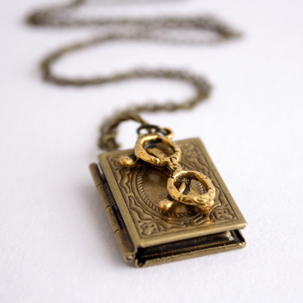 Book Locket Necklace Antique Brass - Book Worm
