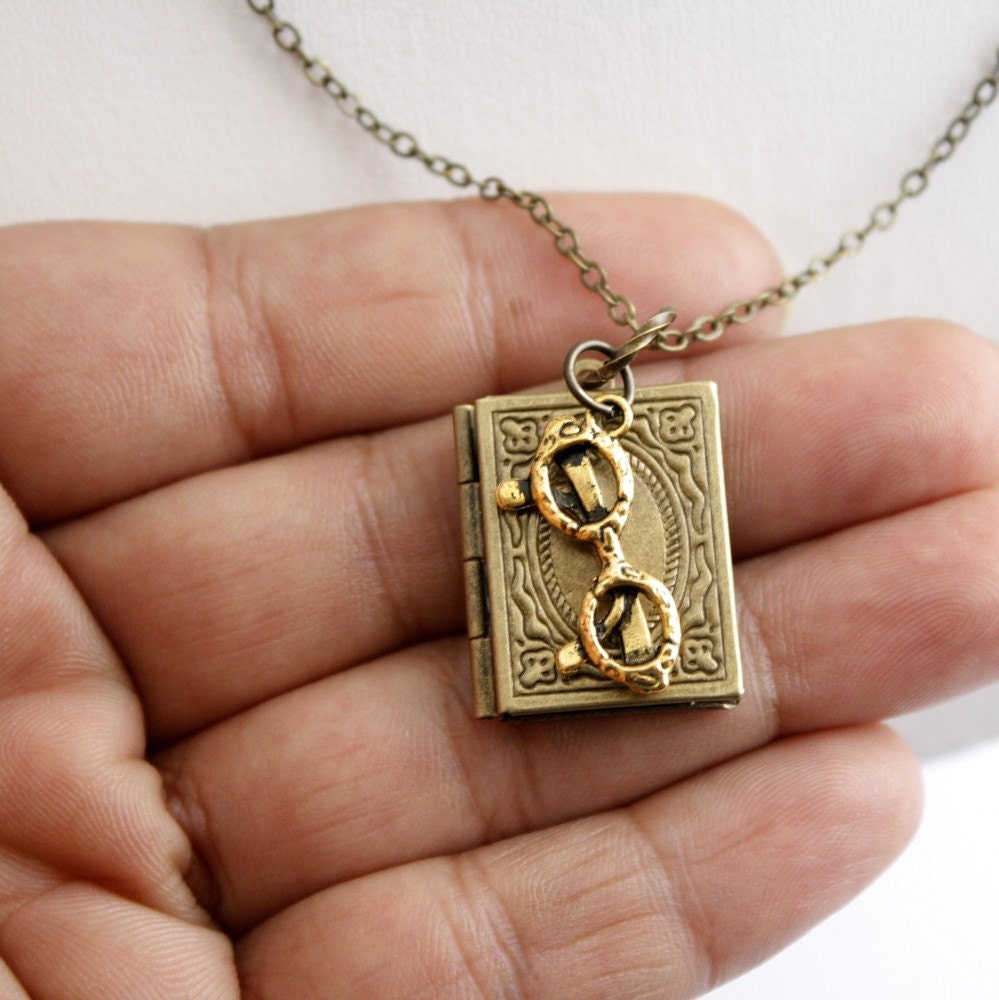 Book Locket Necklace Antique Brass - Book Worm