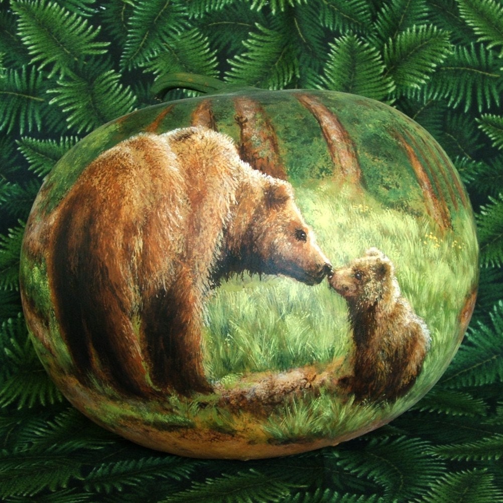 Grizzly Bears in the Hills, hand painted gourd, 7 1/2 inches tall, 9 1/2 inches diameter