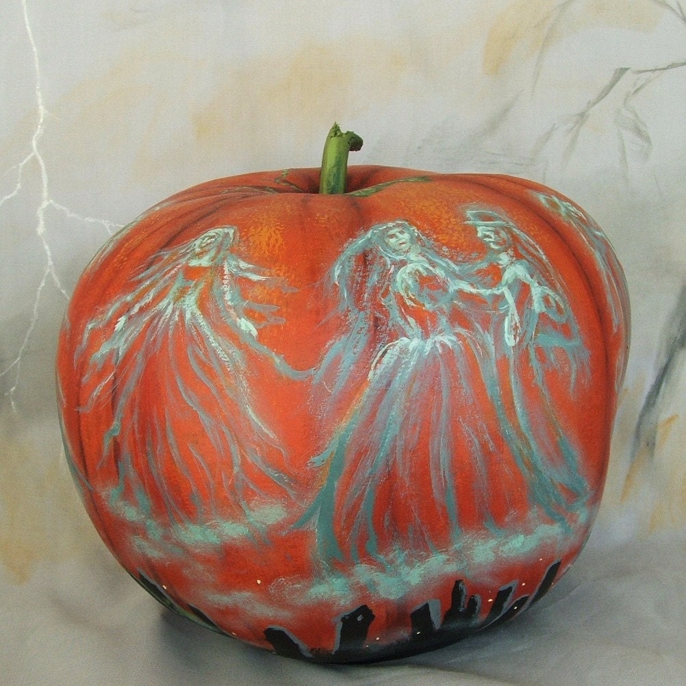 Graveyard Waltz, ghost pumpkin gourd, 6 inches tall, 7 inches diameter