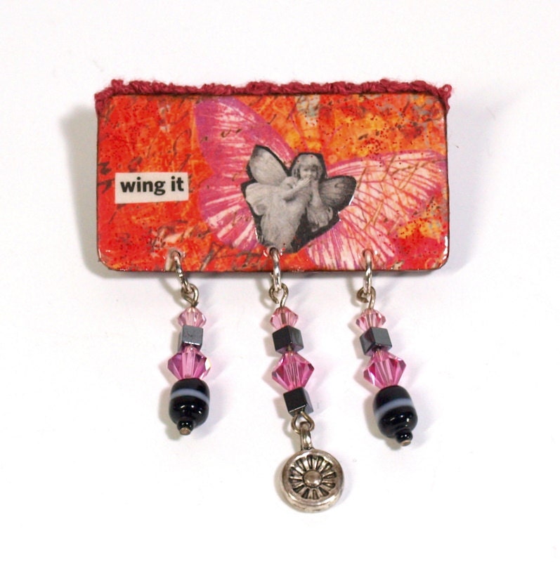 Lapel Pin Decoupaged Brooch Wearable Art Whimsical Fairy Butterfly Mixed Media Art Jewelry Orange Pink