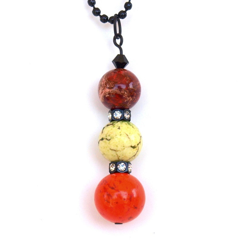 Summer Jewelry Bead Trio Pendant Necklace Stone Beads Swarovski Crystal Black Orange Yellow Rust Summer Necklace