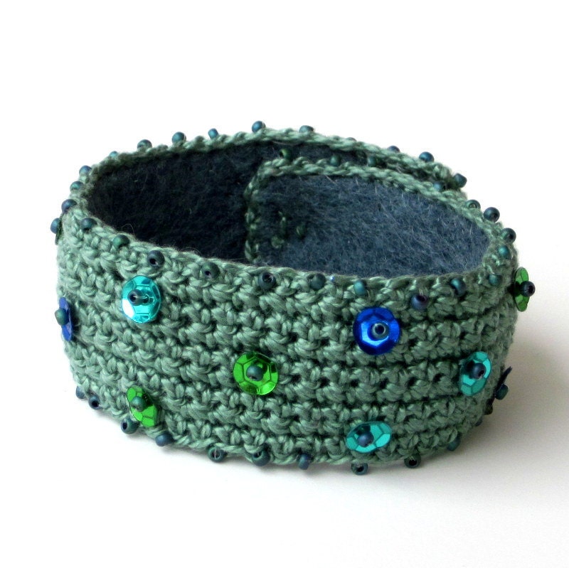 Crochet Cuff Bracelet Beaded Bracelet Sequins Bohemian Boho Bracelet Green Wearable Art Summer Fashion Jewelry