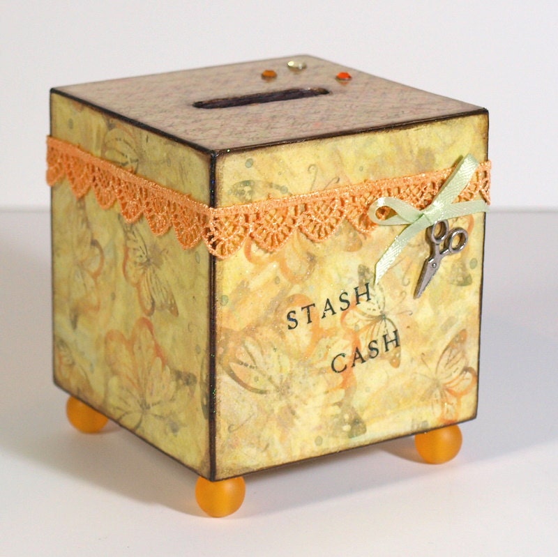 Savings Bank Decoupaged Wood Coin Bank Square Piggy Bank Yellow Light Orange Crafters Stash
