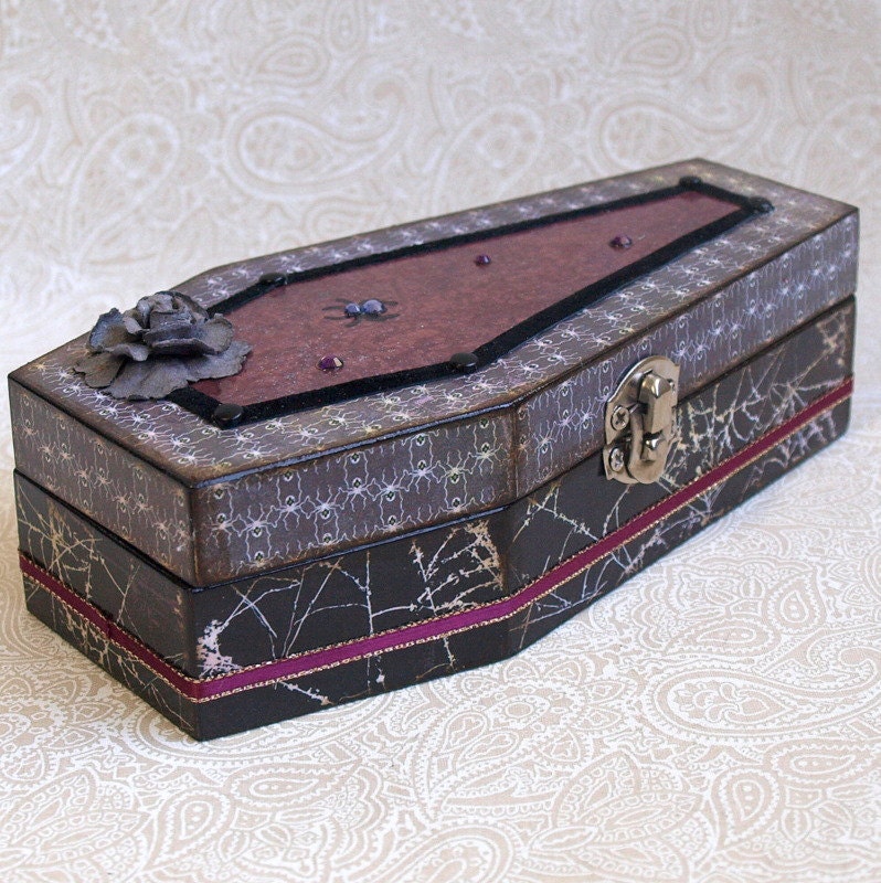 Gothic Halloween Jewelry Box Coffin Shape Decoupaged Goth Casket Keepsake Box with Spiders