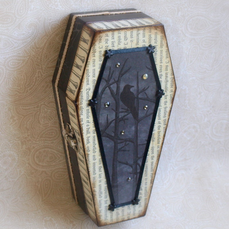 Coffin Jewelry Box Spooky Decoupaged Keepsake Box Gothic Halloween Decoration with Raven and Edgar Allan Poe Black Gray