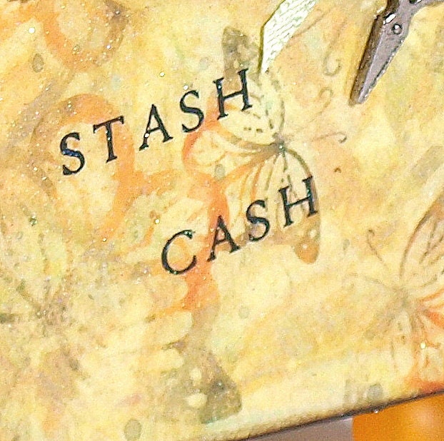 Savings Bank Decoupaged Wood Coin Bank Square Piggy Bank Yellow Light Orange Crafters Stash
