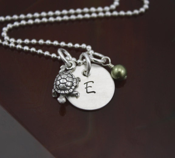My Petite Turtle Initial Necklace - Hand Stamped Sterling Silver Turtle Tortoise Necklace