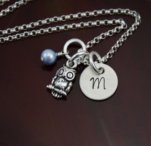 My Petite Owl Initial Necklace - Hand Stamped Sterling Silver Owl Necklace