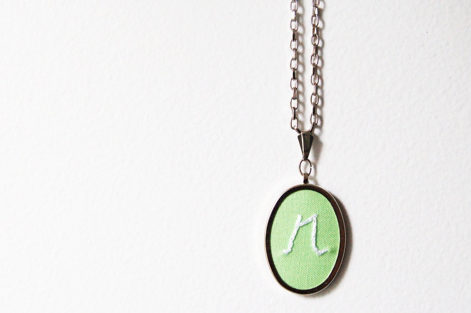 READY to SHIP. Embroidered Initial Necklace. Lowercase R, Pastel Mint Green and White. Handmade by merriweathercouncil on Etsy - merriweathercouncil
