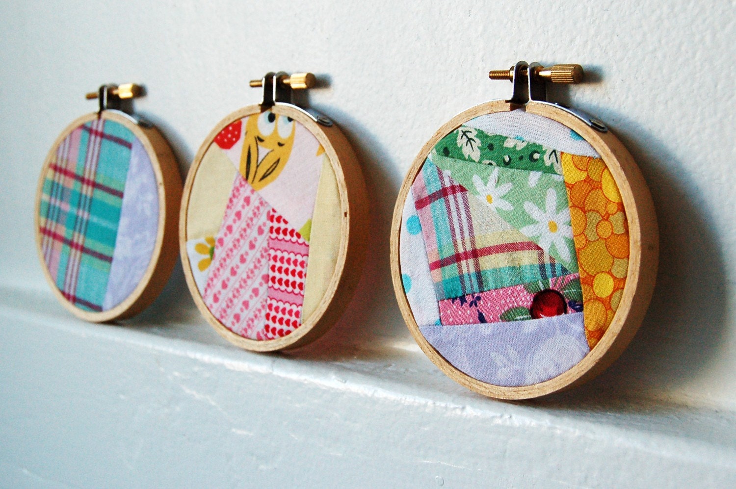 RESERVED-Crazy Patchwork Collages in 3 inch Hoops, Mixed Contemporary Prints, Pink, Yellow, Purple, Green. Set of 3. Wall Art.