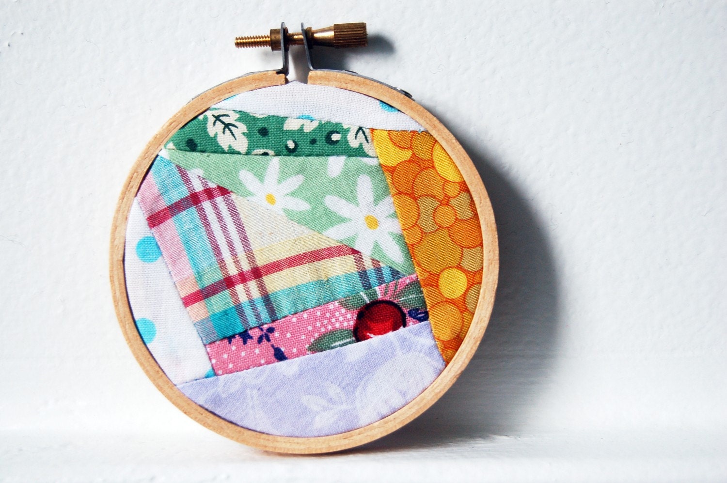 RESERVED-Crazy Patchwork Collages in 3 inch Hoops, Mixed Contemporary Prints, Pink, Yellow, Purple, Green. Set of 3. Wall Art.