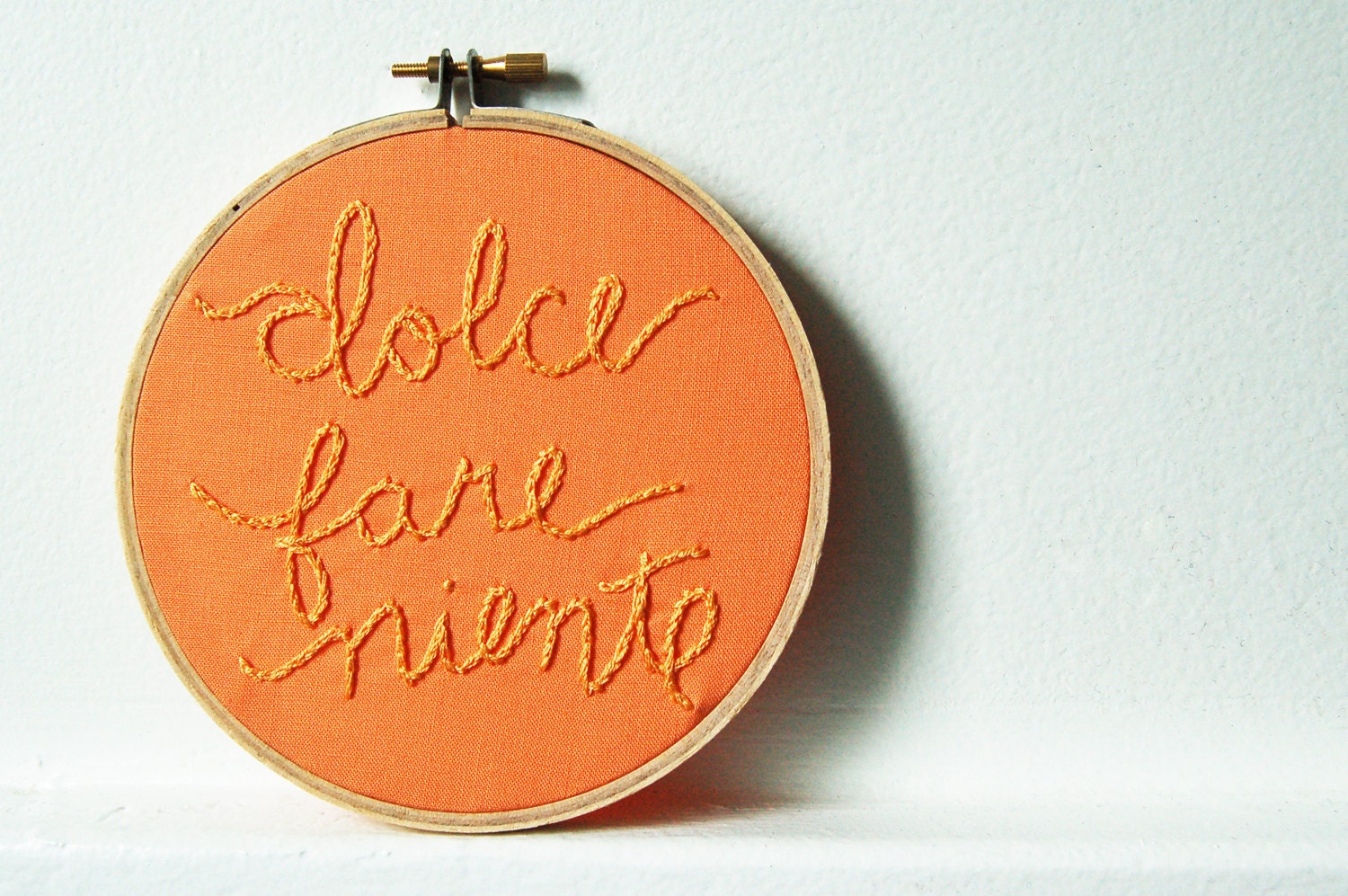 Dolce Fare Niente. Hand Embroidery in 5 inch Hoop. Orange Creamsicle Colored. Miniature Fiber Art Sign. By merriweathercouncil on Etsy