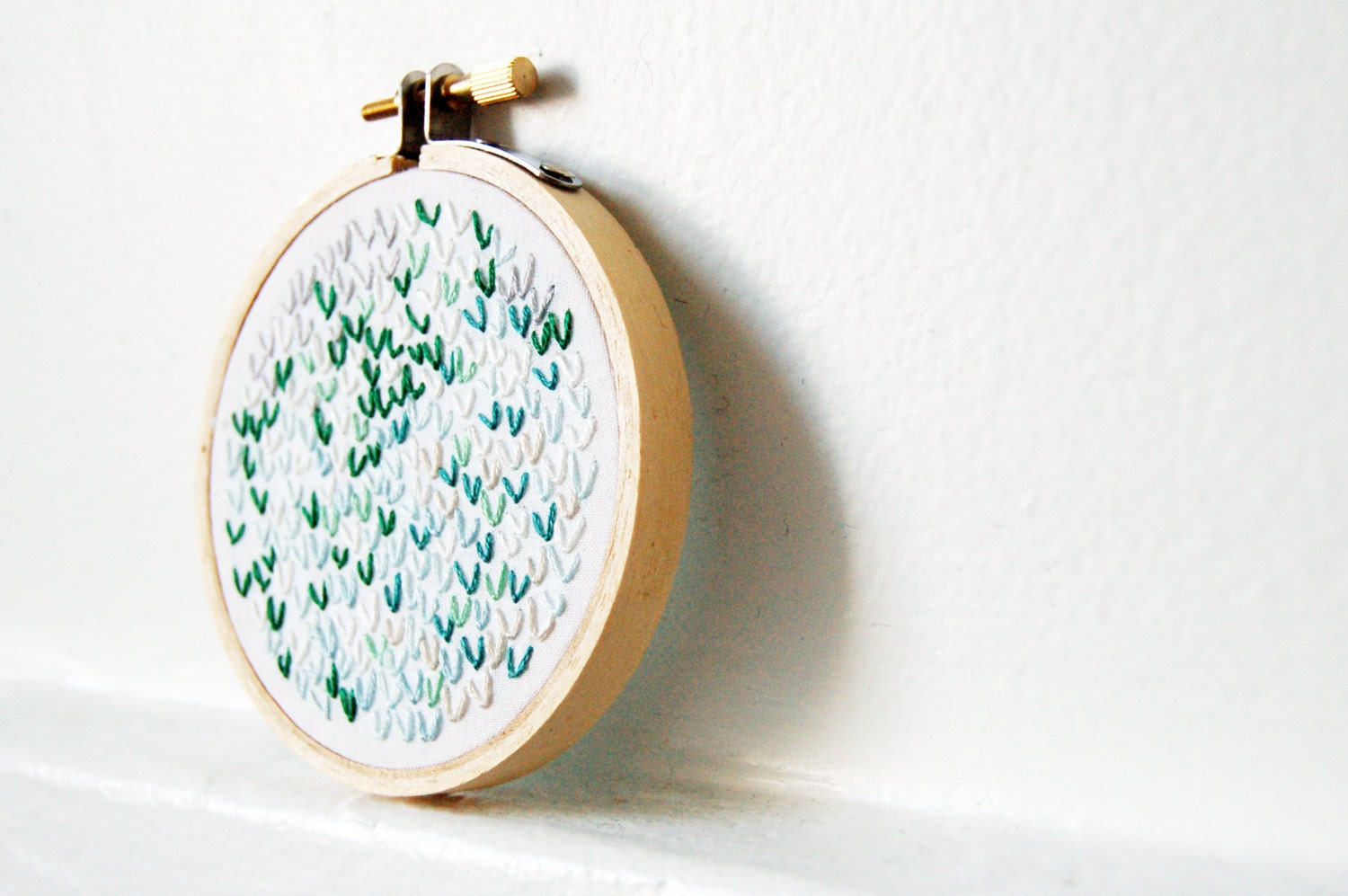 Foggy Morning. Wishbone Stitch Hand Embroidery in 3 inch Hoop. White, Mint, Teal. Small Scale Fiber Art. By merriweathercouncil on Etsy