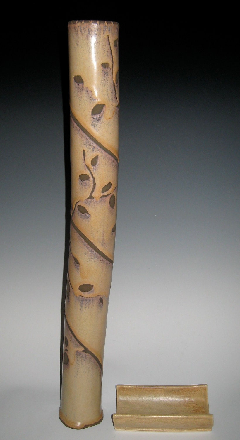Large, Beautiful Hand Built Ceramic Rain Stick, Vines & Leaves