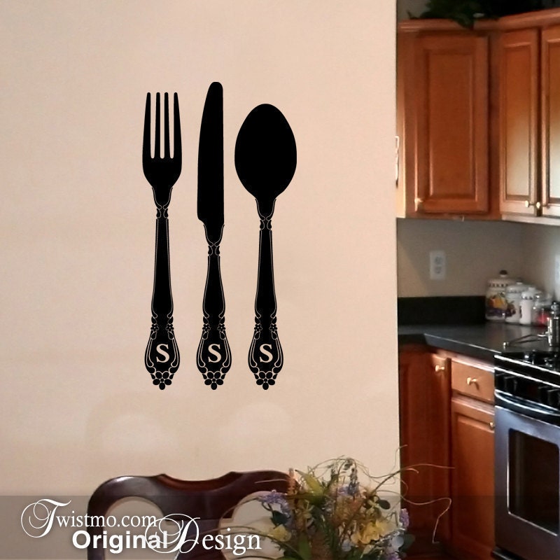 Fork Knife Spoon, Kitchen Wall Decal with Custom Monogram Handles, Fork and Spoon Wall Decal, Spoon and Fork Wall Decor, Kitchen Wall Decor