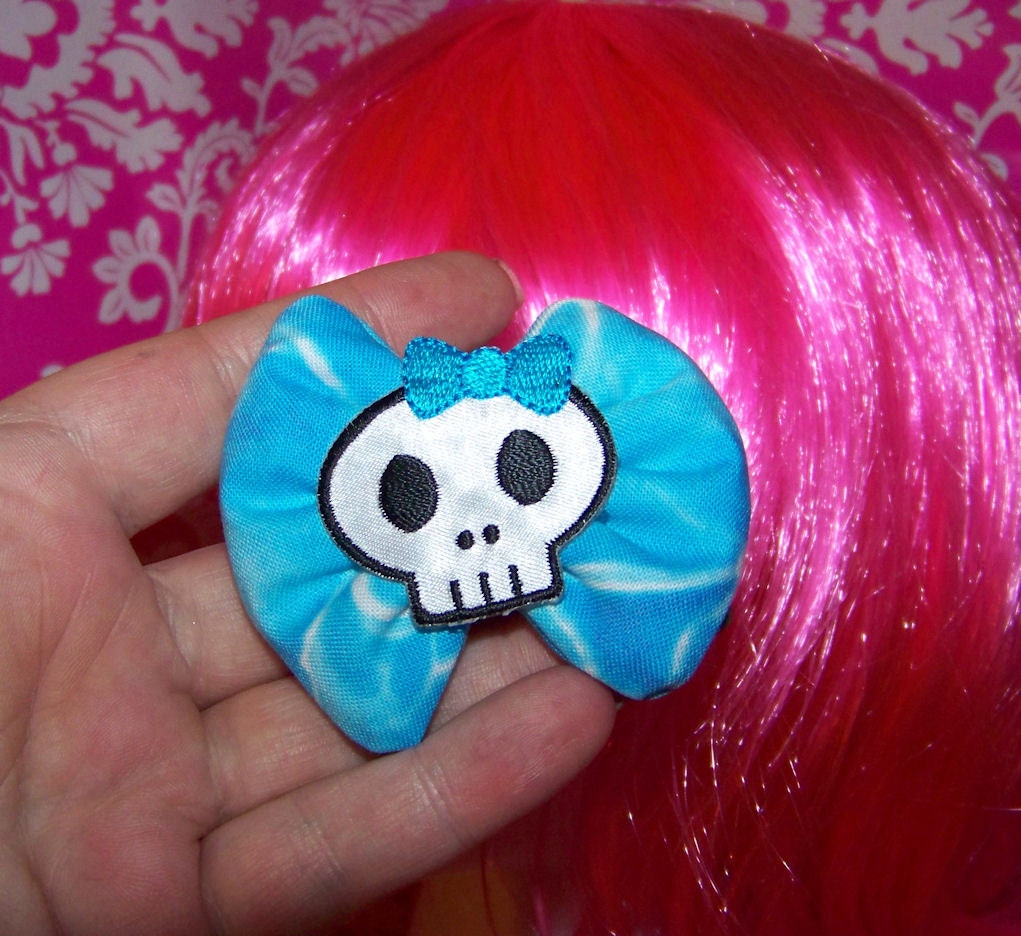 Blue - Skull - Hair bow - Water - Fabric - Girls - Clip