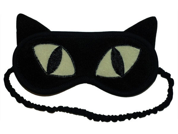 Black Cat Sleep Mask with silk satin back with Big Green Eyes - Kitty