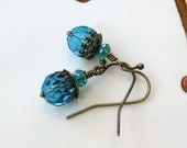 Clearance SALE Vintage Crystal Blue Faceted Beaded copper earrings