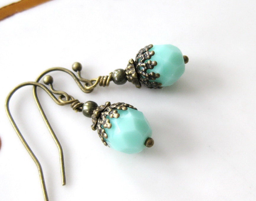 Vintage Crystal Czech Faceted Beaded brass earrings - Mint