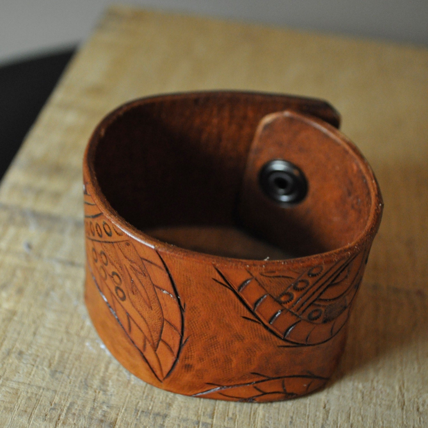 Paisley Tooled Leather Carved Cuff - Handmade