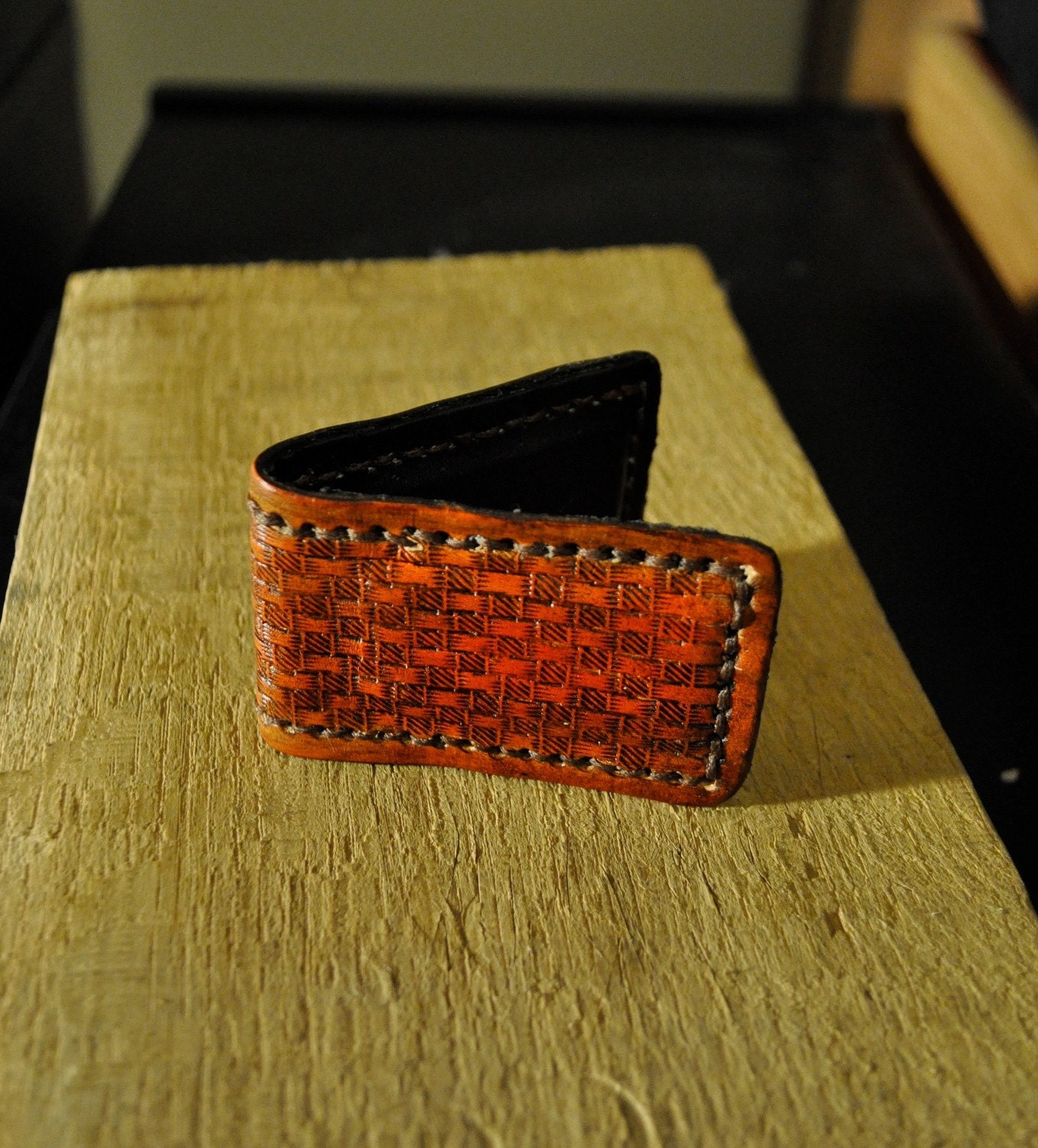 Basketweave Money Clip Business Card Holder - Tooled Leather Saddle Tan