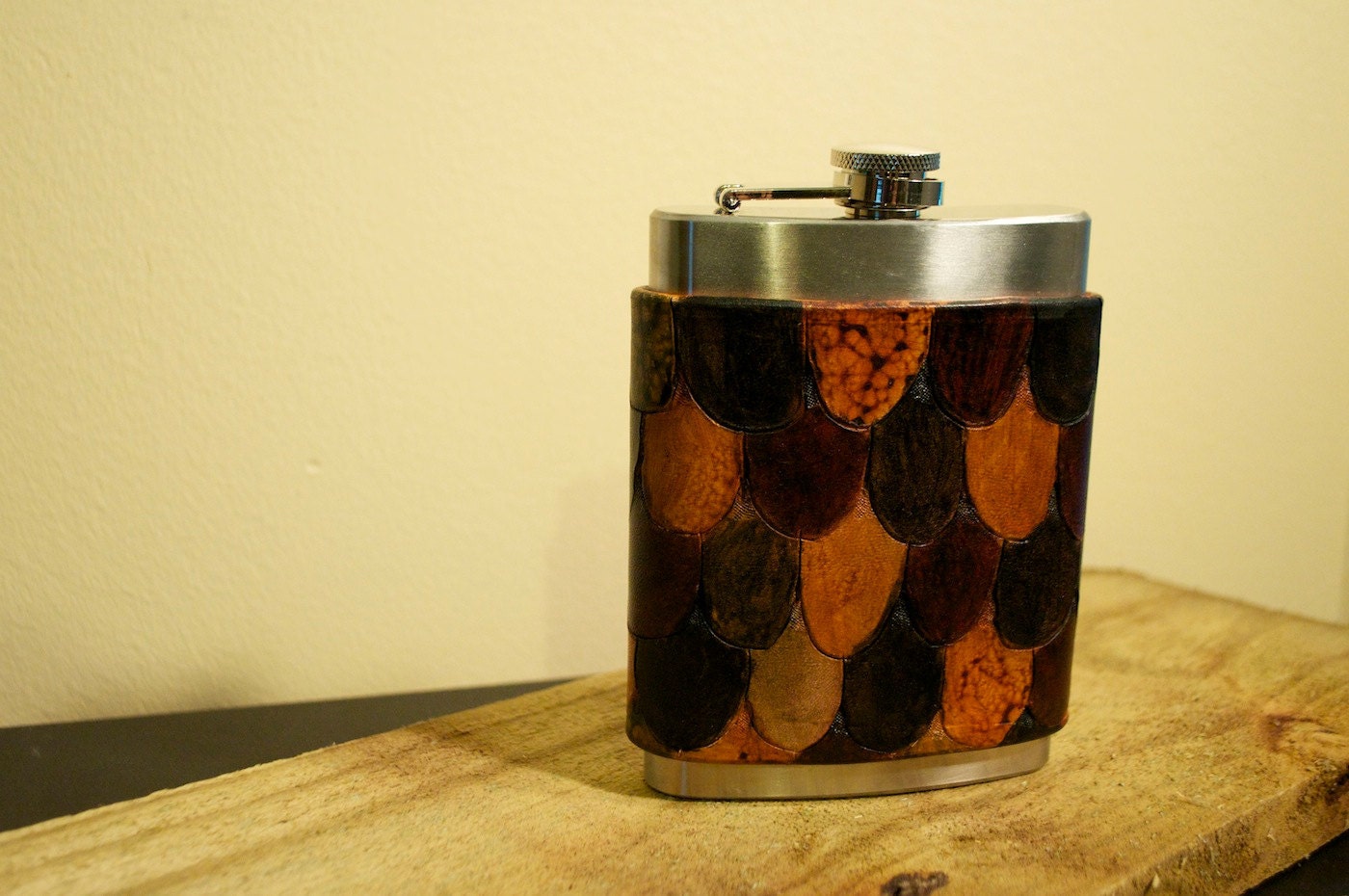 Handmade Tooled Leather Flask Cover - Multicolored Scales Design