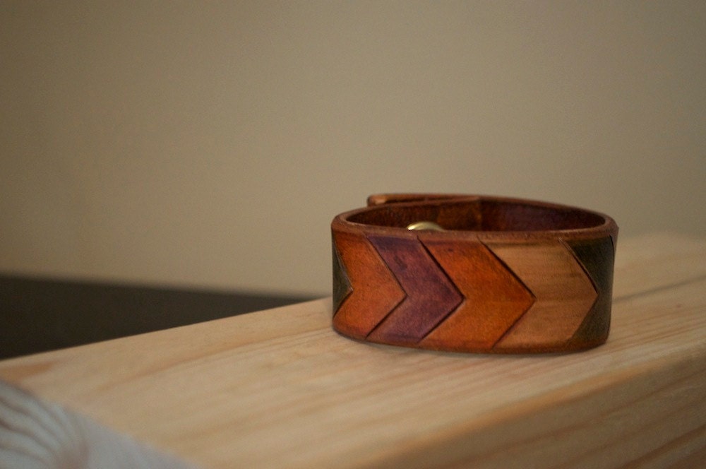 Handmade Tooled Leather Cuff - Multicolor Chevron