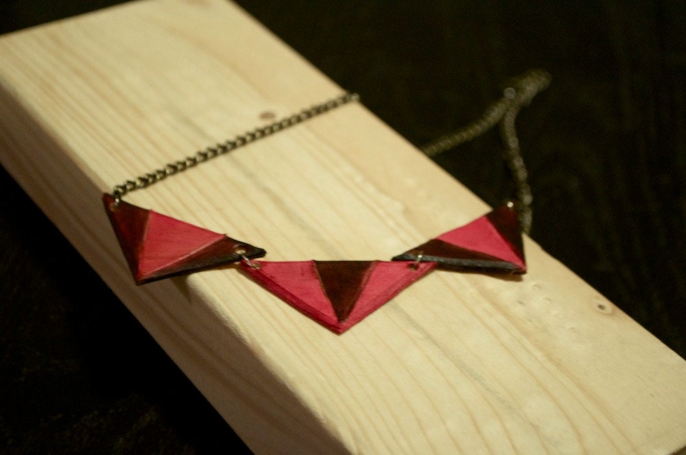 Handmade Tooled Leather Necklace - Pink and Purple Triangles