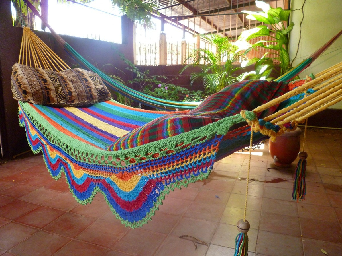 Yellow Multicolor Hammock, Double Hammock Hand-Woven  Simple Fringe