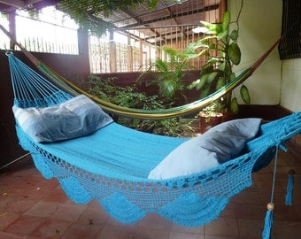 Turquoise hammock, Double Hammock hand-woven Natural Cotton Simple Fringe