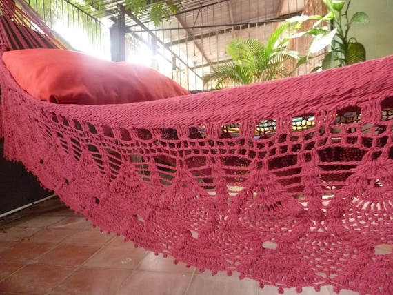 Magic Red Magic Hammock, Hand Woven Natural Cotton with Bell Fringe Crochet