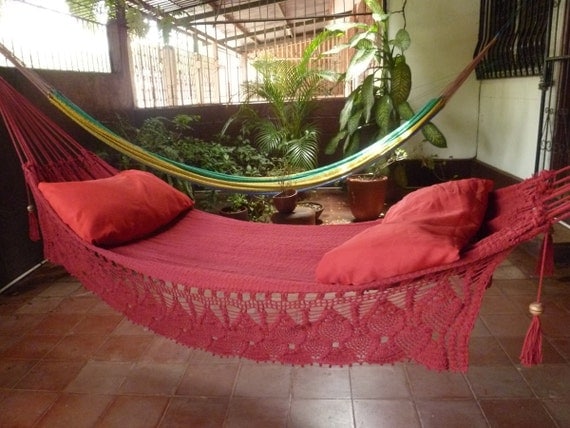 Magic Red Magic Hammock, Hand Woven Natural Cotton with Bell Fringe Crochet